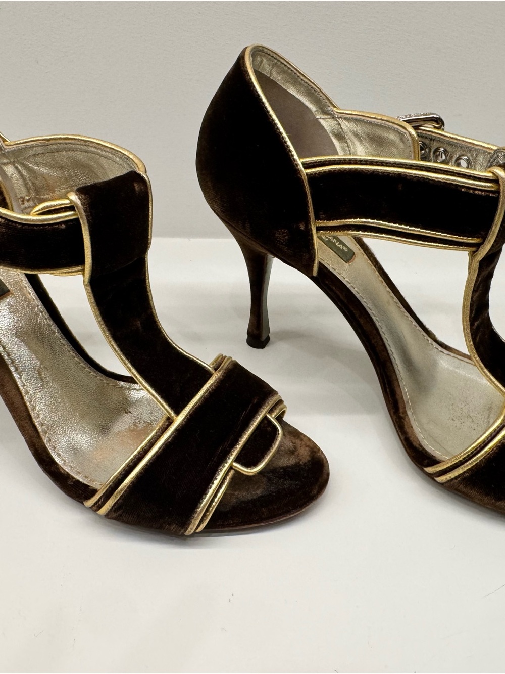 Dolce & Gabbana Brown Velvet Heeled Sandals with Gold Trim